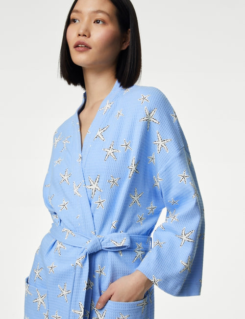Pure Cotton Waffle Printed Dressing Gown