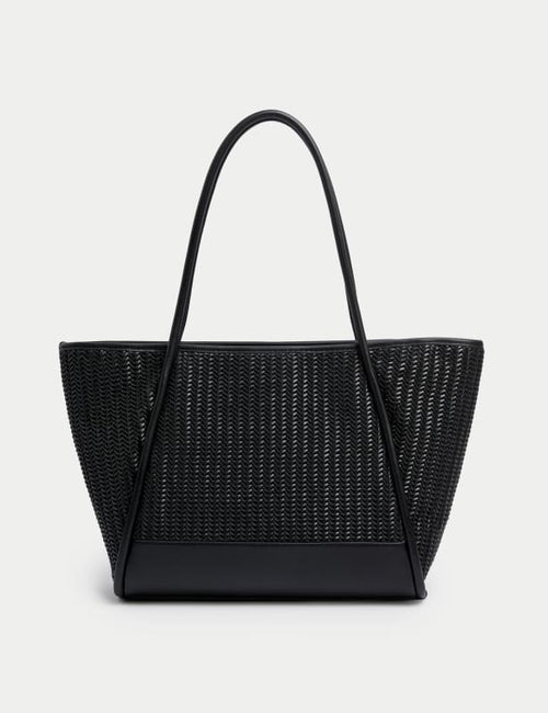 Faux Leather Woven Structured Tote Bag