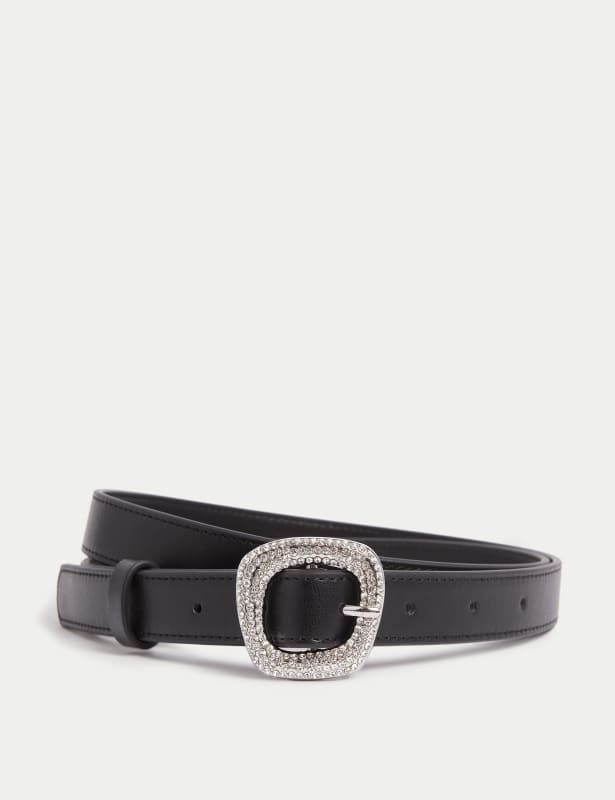 Faux Leather Crystal Square Buckle Belt