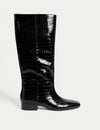 Patent Croc Block Heel Knee High Boots