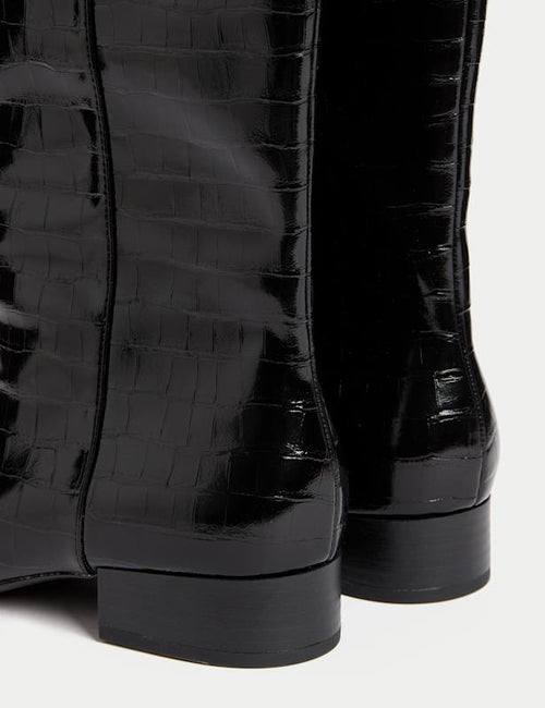 Patent Croc Block Heel Knee High Boots