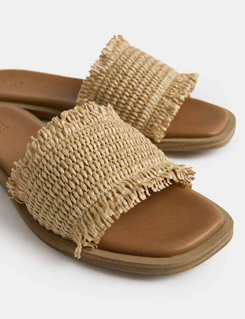 Raffia Flat Square Toe Mule Sandals