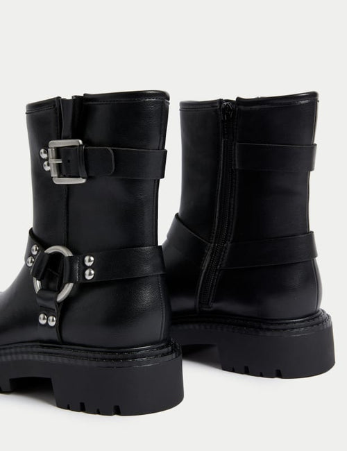 Biker Buckle Flatform Ankle Boots