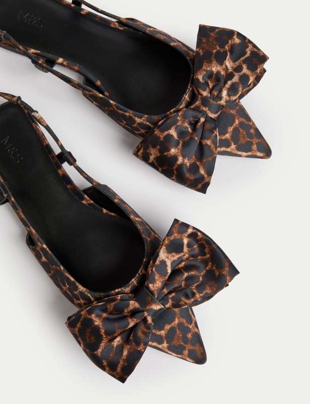 Satin Leopard Print Bow Block Heel Slingback Shoes