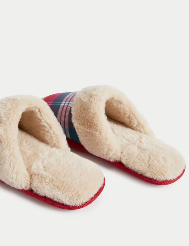 Checked Faux Fur Lined Mule Slippers