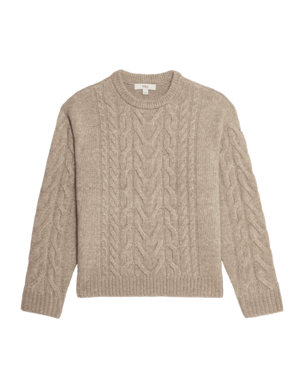 Cable Knit Crew Neck Jumper with Wool