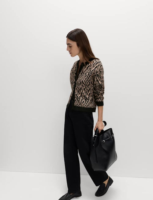 Animal Print Button Front Cardigan With Wool