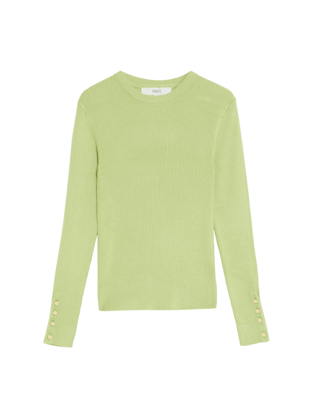 Ribbed Crew Neck Button Detail Jumper