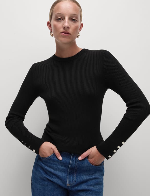 Ribbed Crew Neck Button Detail Jumper