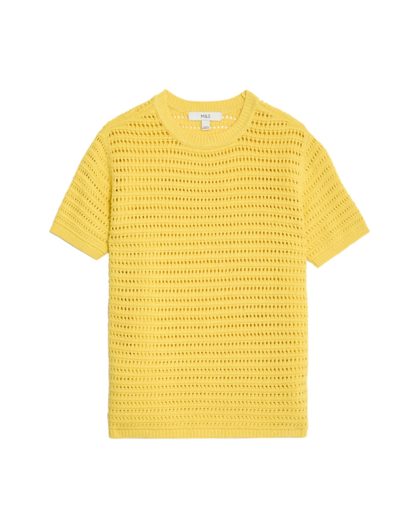 Cotton Rich Crew Neck Textured Knitted Top