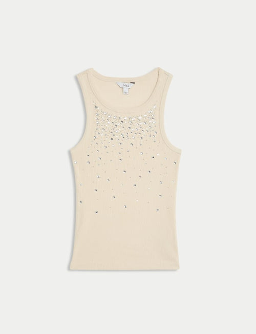 Cotton Rich Embellished Crew Neck Vest Top