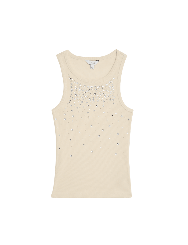 Cotton Rich Embellished Crew Neck Vest Top