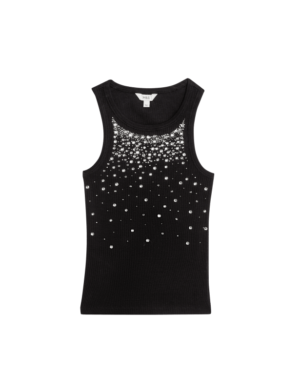 Cotton Rich Embellished Crew Neck Vest Top