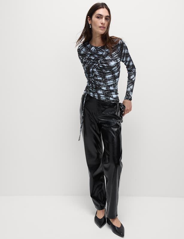 Long Sleeve Printed Ruched Mesh Top