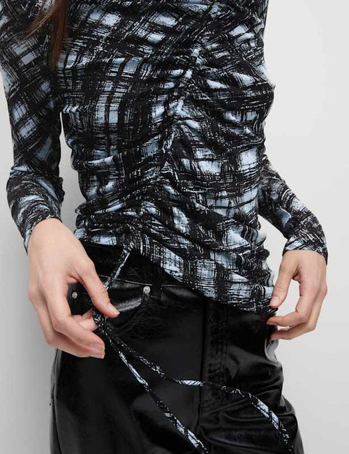 Long Sleeve Printed Ruched Mesh Top