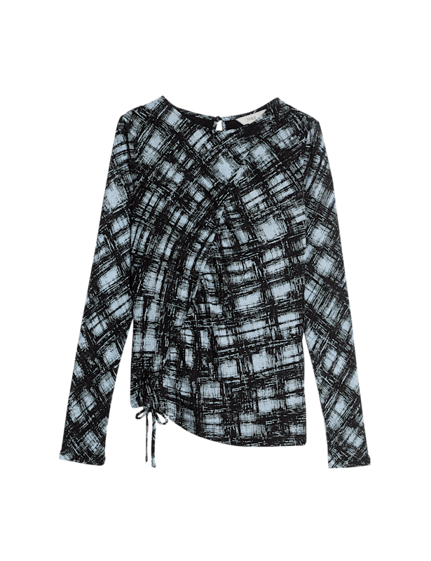 Long Sleeve Printed Ruched Mesh Top