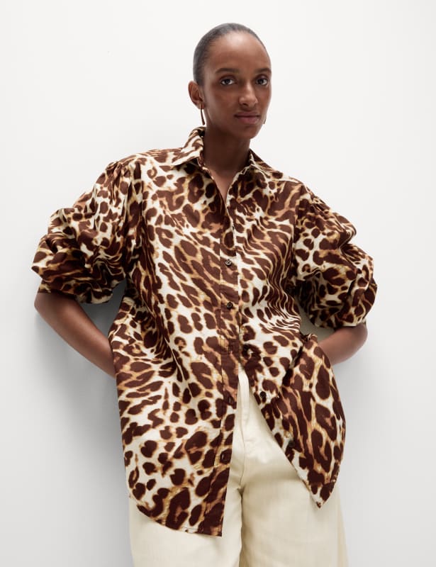 Pure Cotton Animal Print Collared Shirt