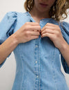 Denim Button Through Puff Sleeve Blouse