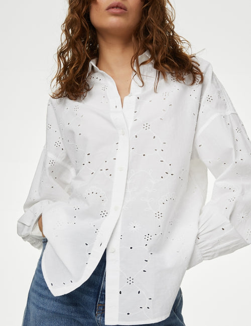 Pure Cotton Broderie Collared Shirt