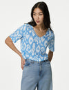 Linen Blend Printed V-Neck Top