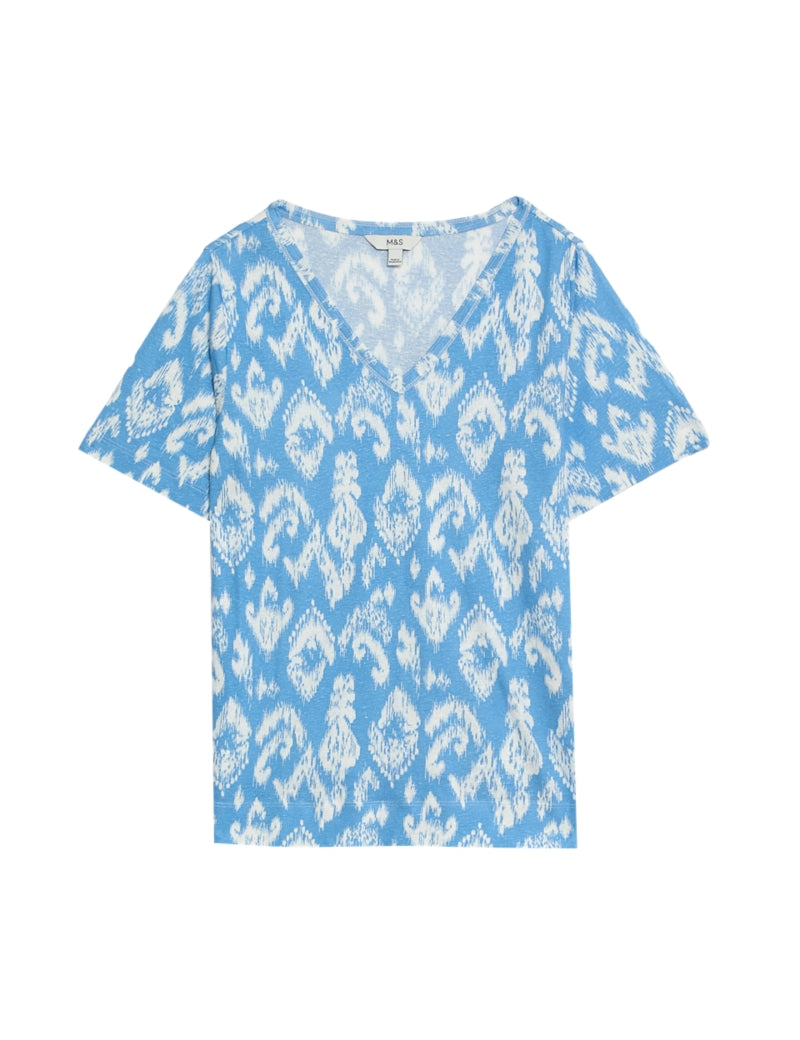 Linen Blend Printed V-Neck Top