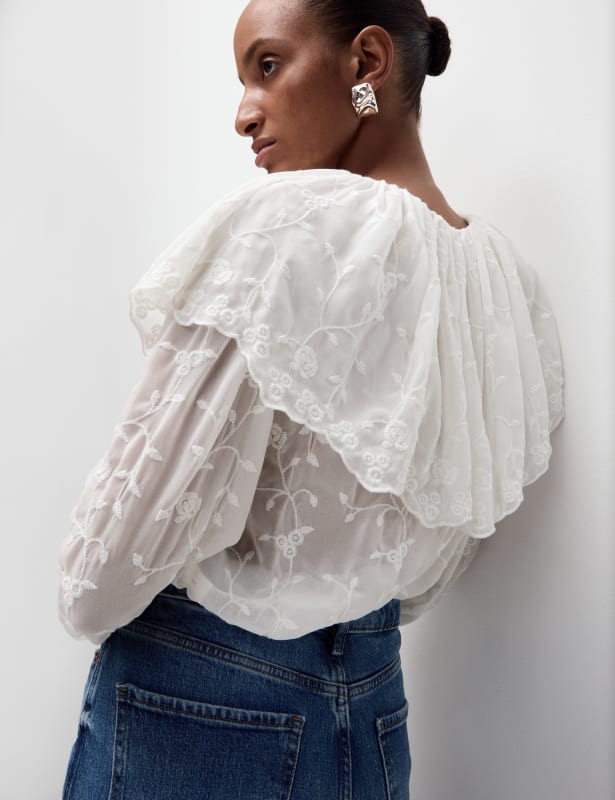 Lace Crew Neck Ruffle Blouse