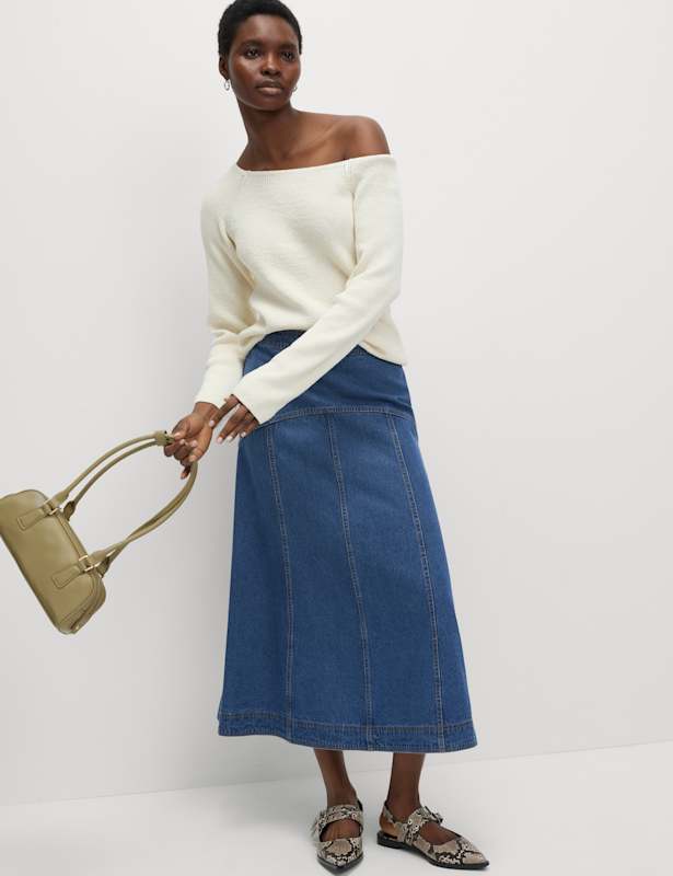 Denim Seam Detail Midi Skirt