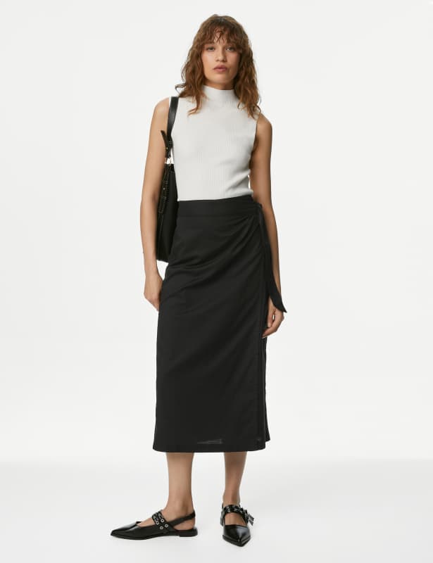 Pure Cotton Belted Midi Wrap Skirt