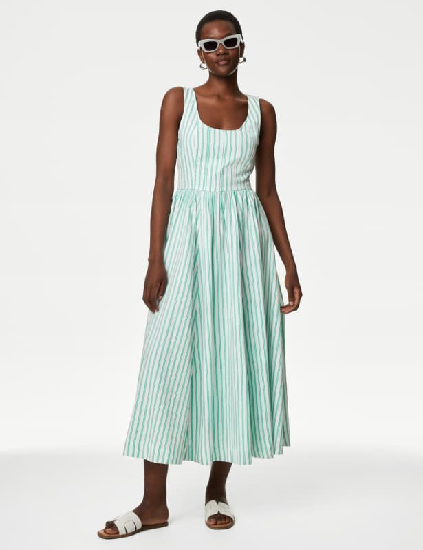 Pure Cotton Striped Midi Waisted Cami Dress