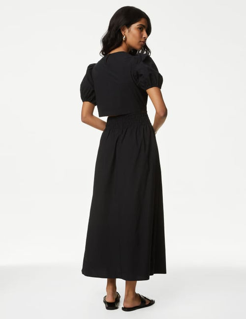 Pure Cotton Midi Shirred Waisted Dress