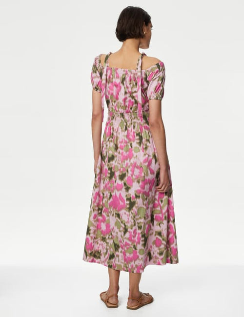 Pure Cotton Floral Midi Waisted Dress