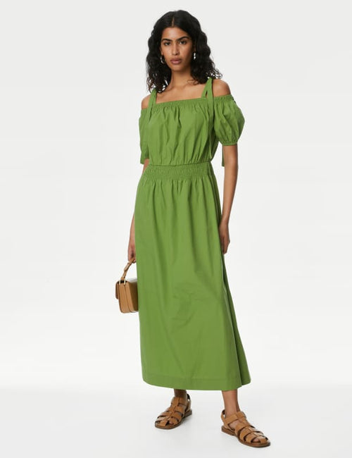 Pure Cotton Puff Sleeve Midi Waisted Dress