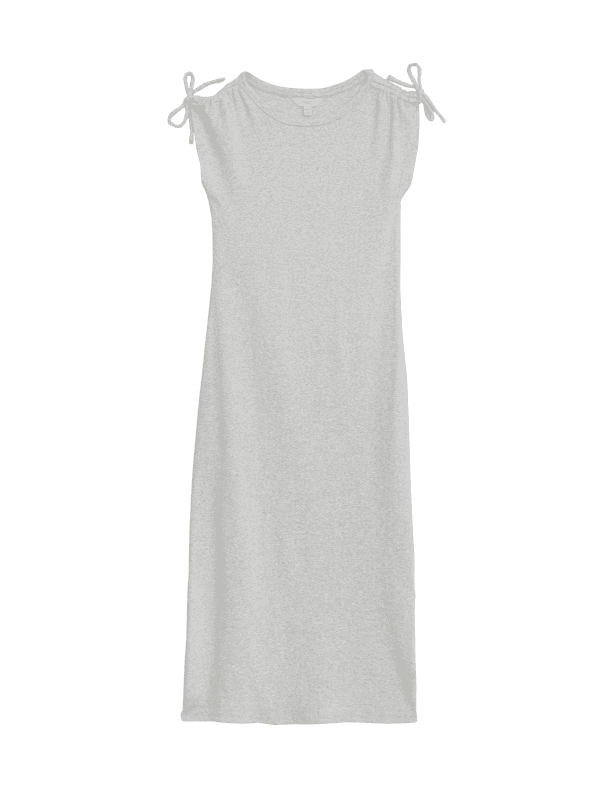 Cotton Rich Round Neck Ruched Midi Column Dress