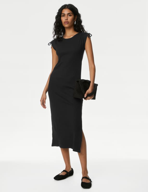 Cotton Rich Round Neck Ruched Midi Column Dress