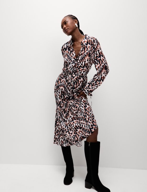 Printed Tie Waist Midi Shirt Dress