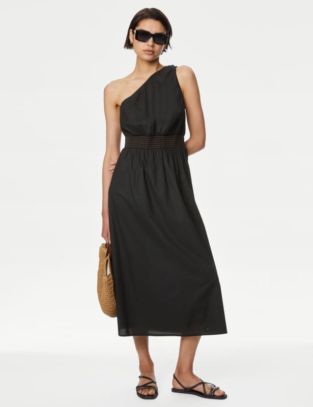 Pure Cotton One Shoulder Midi Waisted Dress