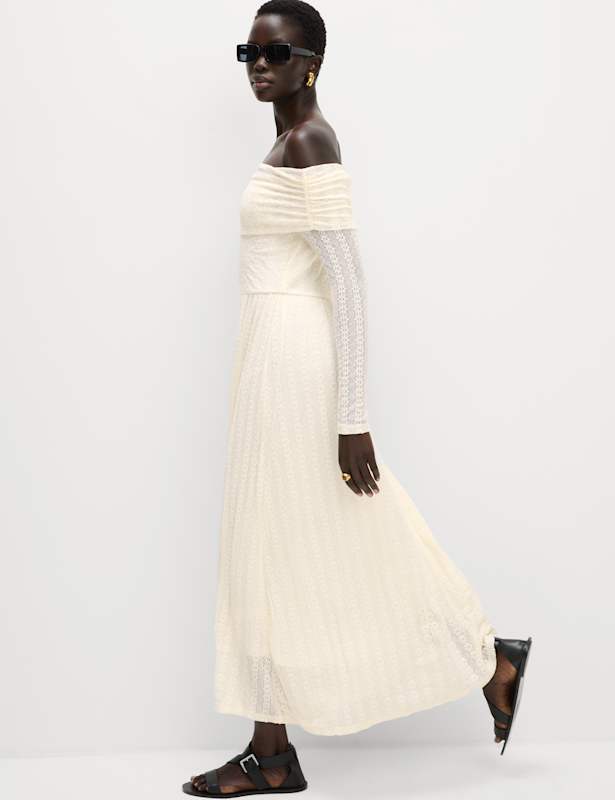 Jersey Lace Bardot Midi Waisted Dress