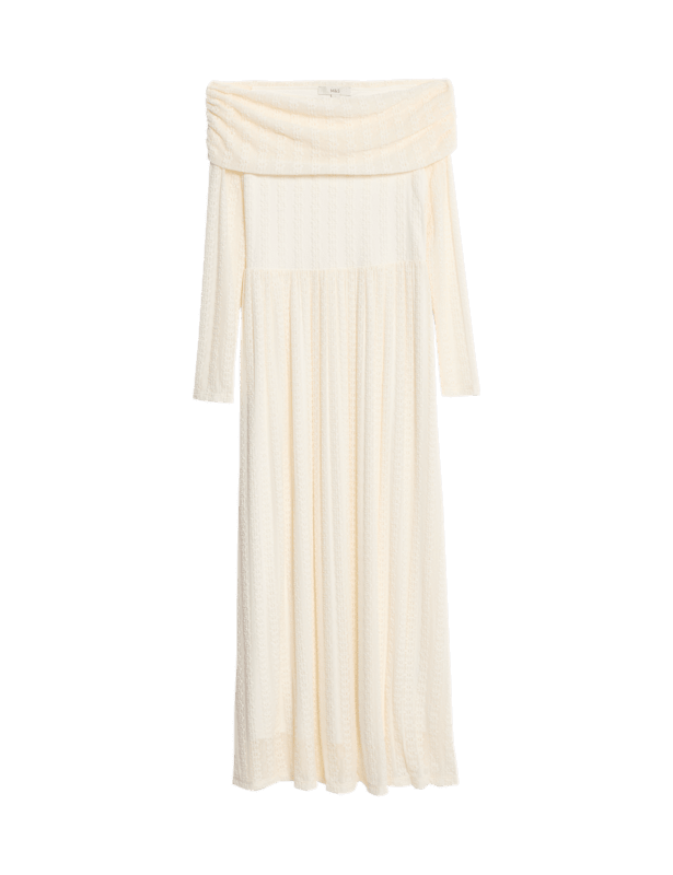 Jersey Lace Bardot Midi Waisted Dress