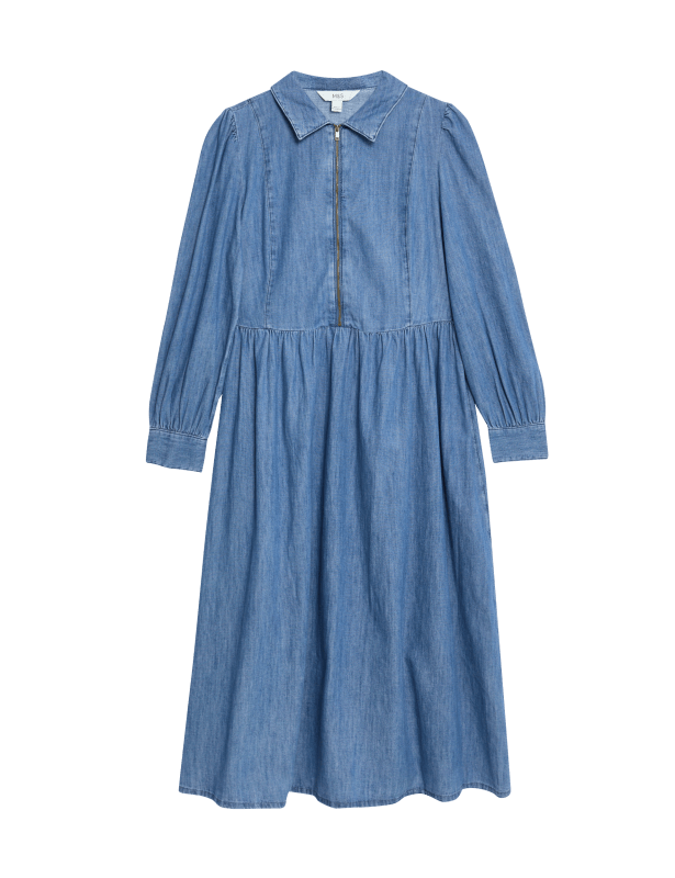 Denim Collared Zip Front Midi Waisted Dress