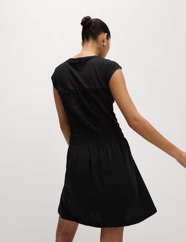 Pure Cotton Round Neck Mini Shirred Dress