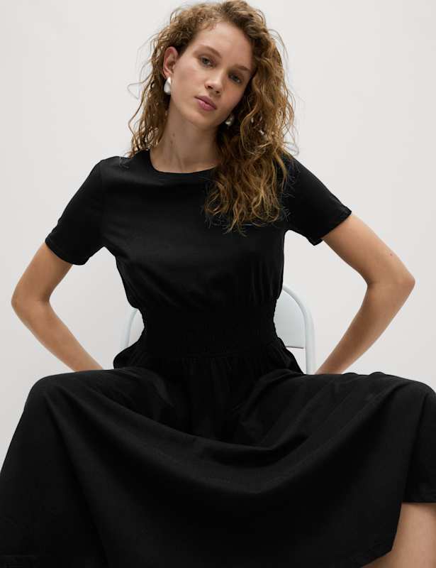 Pure Cotton Shirred Midi Waisted Dress