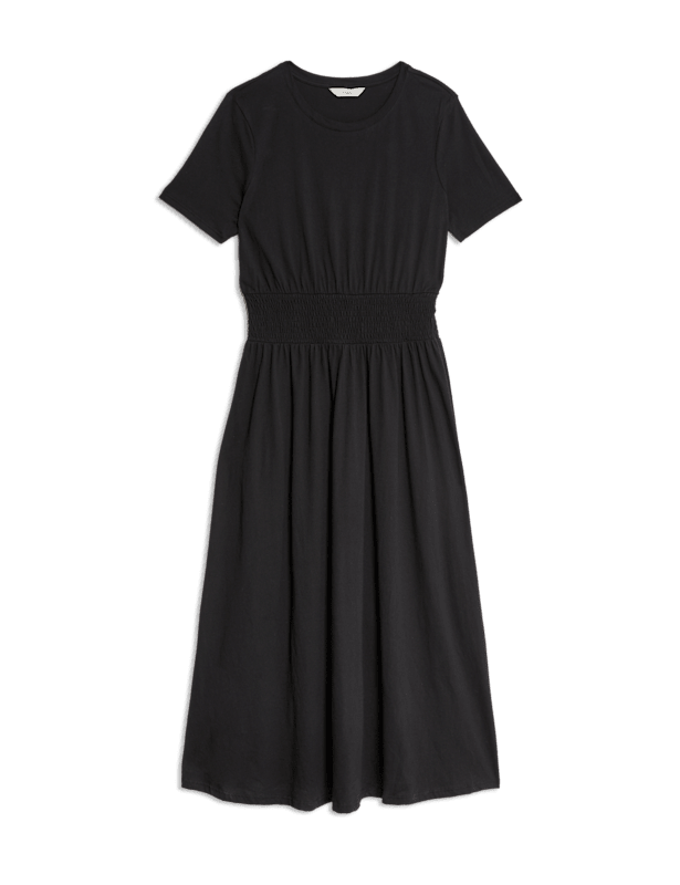 Pure Cotton Shirred Midi Waisted Dress