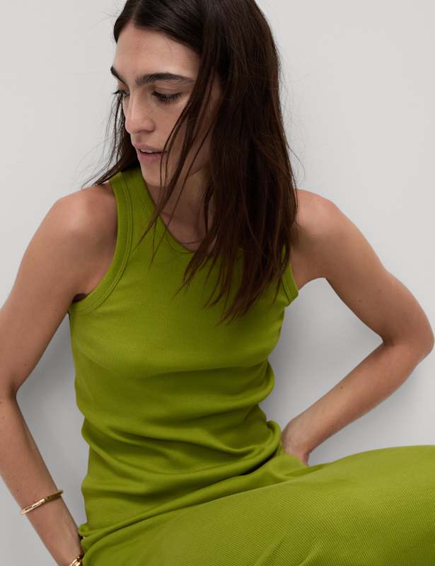 Cotton Rich Ribbed Crew Neck Midi Column Dress