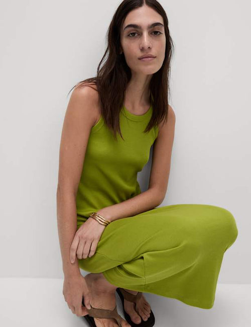 Cotton Rich Ribbed Crew Neck Midi Column Dress
