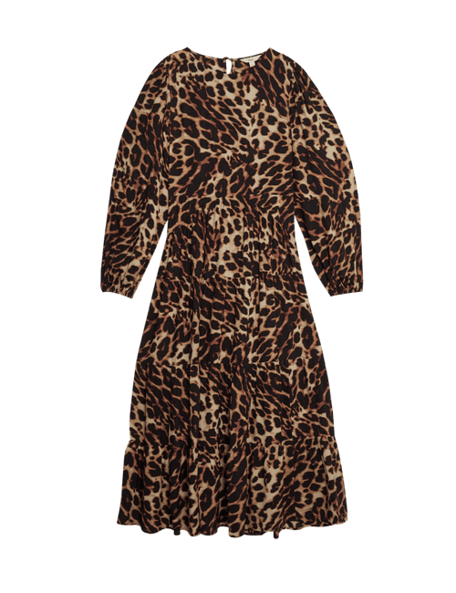 Animal Print Midi Waisted Tiered Dress