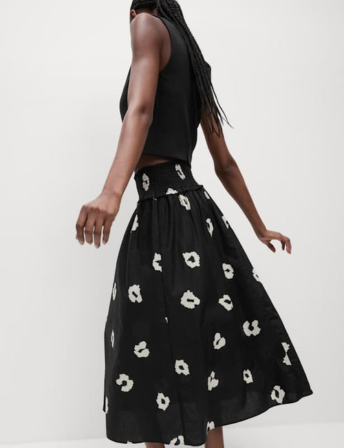 Pure Cotton Shirred Midi A-Line Skirt
