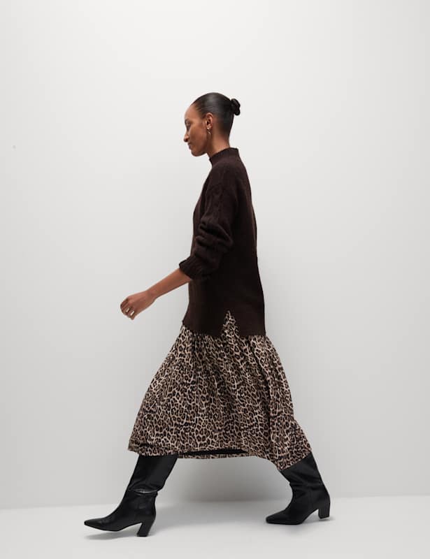 Jersey Animal Print Midi A-Line Skirt