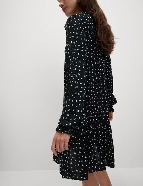 Printed Ruffle Mini Relaxed Smock Dress