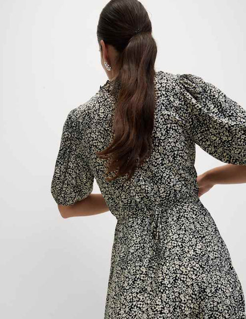 Printed V-Neck Tie Waist Mini Tea Dress