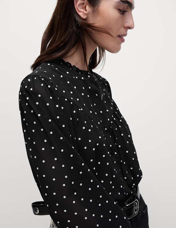 Polka Dot Frill Neck Button Through Blouse